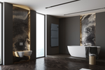 A white freestanding bathtub and wall-mounted toilets anchor a modern luxury bathroom featuring dramatic dark marble walls and rich herringbone wood floors.