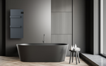 A sleek matte black freestanding bathtub anchors a modern, minimalist bathroom with dark gray walls, light wood herringbone floors, and a vertical designer radiator.