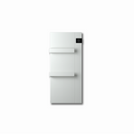 A sleek white wall-mounted electric radiator features two towel bars and a digital temperature display showing 22 degrees.