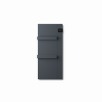 A sleek anthracite gray electric radiator with two integrated towel bars displays a digital temperature reading.