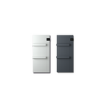 Two sleek wall-mounted electric radiators in white and anthracite feature integrated towel rails and digital temperature displays for modern bathroom heating.