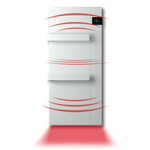 A modern white EVO electric towel radiator with integrated rails radiates warmth through its sleek, flat-panel design.