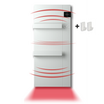 A sleek white wall-mounted electric towel radiator with a digital control panel emits warm heat waves and includes two matching accessory hooks.