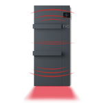 A modern charcoal gray EVO electric radiator radiates infrared heat through its sleek vertical panel and two integrated towel bars.