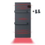 A sleek anthracite electric towel radiator with a digital display radiates warmth and features two integrated bars plus two additional hooks.