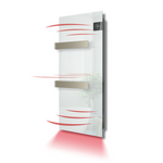 A sleek, wall-mounted white glass infrared heater radiates warmth and features two integrated brushed metal towel rails and a digital temperature display.