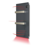 A modern EVO black glass towel radiator emits radiant heat from its sleek vertical panel equipped with two brushed metal towel rails.