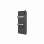 A sleek, wall-mounted dark grey glass electric radiator features two metallic towel rails and a digital temperature display.