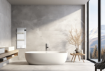 Bright sunlight illuminates a minimalist modern bathroom featuring a white freestanding bathtub and a sleek wall-mounted towel warmer next to a large window with a scenic mountain view.