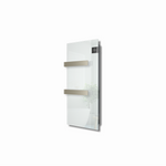 A sleek wall-mounted mirror electric radiator features two chrome towel rails and a digital display reflecting a modern bathroom interior.