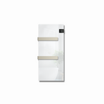 A sleek wall-mounted white glass radiator features two champagne-gold towel rails and a digital temperature display reflecting a modern bathroom.