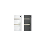 Two sleek, glass-fronted electric towel radiators in white and black finishes feature horizontal metal rails and integrated digital temperature displays.