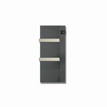 A sleek wall-mounted glass radiator features two horizontal silver towel bars and a digital temperature display for modern bathroom heating.