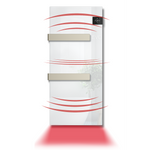 A sleek wall-mounted infrared towel heater with a digital temperature display emits radiant warmth indicated by red heat waves.