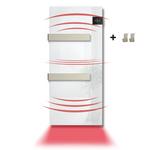 A sleek white glass infrared towel warmer radiates heat in a modern bathroom and includes two additional matching accessory hooks.