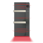 A sleek dark grey EVO wall-mounted infrared radiator with silver towel rails emits radiant warmth, illustrated by glowing red heat waves.