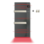 A sleek grey EVO glass infrared bathroom heater radiates warmth, featuring two integrated horizontal towel bars and a pair of matching wall hooks.