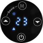 A circular black digital thermostat control panel displays a temperature of 23 with glowing blue LED indicators for heating and day mode.