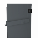 A sleek dark gray electric radiator features a digital temperature display showing 22 degrees and a functional towel bar with integrated hooks.