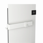 A sleek white electric wall heater displays a digital temperature of 22 degrees and features a minimalist towel bar with two integrated hooks.