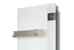 A sleek white glass electric wall heater displays a 22-degree digital reading and features a champagne-colored horizontal towel rail.